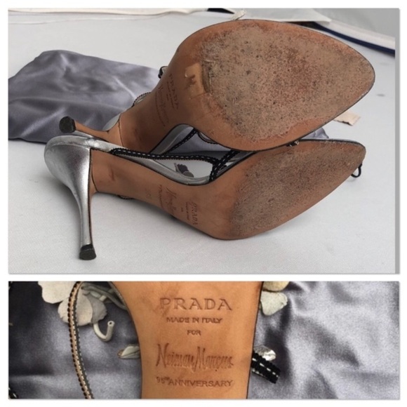 Neiman Marcus 95th anniversary Prada silver metallic and black floral heels - Picture 8 of 9